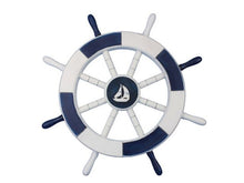 Load image into Gallery viewer, Dark Blue and White Decorative Ship Wheel with Sailboat 18&quot;