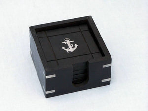 Wooden Black Coasters with Chrome Anchor Inlay 4"" - Set of 6