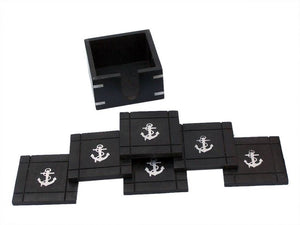 Wooden Black Coasters with Chrome Anchor Inlay 4"" - Set of 6