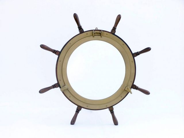 Deluxe Class Wood and Antique Brass Ship Wheel Porthole Mirror 36""
