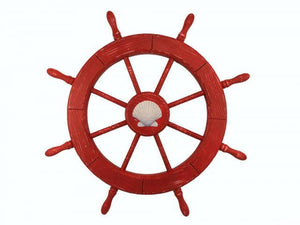 Wooden Rustic Red Decorative Ship Wheel With Seashell 30""