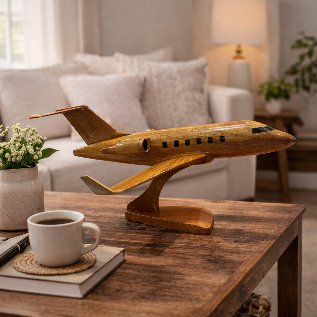 Bombardier Challenger 604 Mahogany Wood Desktop Airplane Model