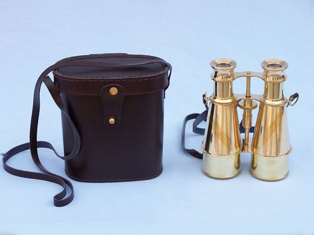 Captain's Solid Brass Binoculars with Leather Case 6"
