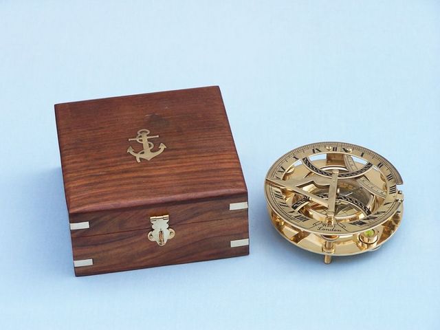 Solid Brass Round Sundial Compass w/ Rosewood Box 6"