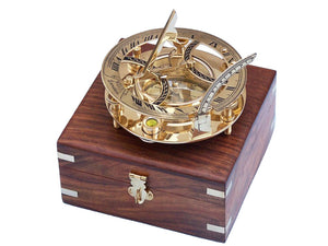 Solid Brass Round Sundial Compass w/ Rosewood Box 6"