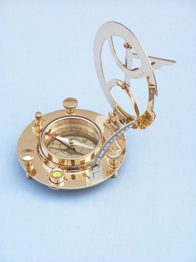 Solid Brass Round Sundial Compass w/ Rosewood Box 6"