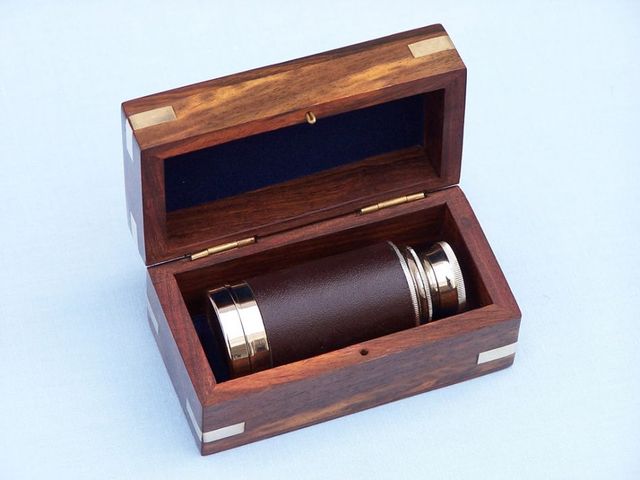 Deluxe Class Scout's Brass - Leather Spyglass Telescope 7" w/ Rosewood Box