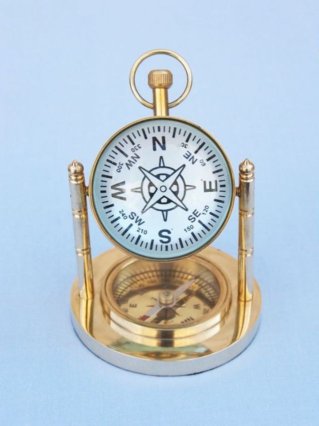 Solid Brass Clock with Compass 5""