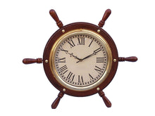 Load image into Gallery viewer, Solid Wood &amp; Brass Ship Wheel Clock 15&quot;