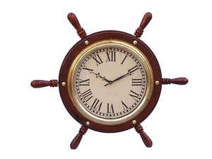 Solid Wood & Brass Ship Wheel Clock 15"