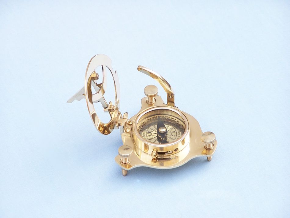 Solid Brass Captain's Triangle Sundial Compass w/ Rosewood Box 3"