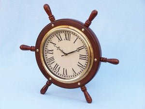 Solid Wood & Brass Ship Wheel Clock 15"