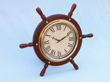 Load image into Gallery viewer, Solid Wood &amp; Brass Ship Wheel Clock 15&quot;