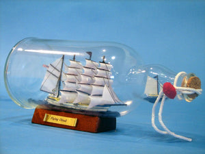 Blue Flying Cloud Ship in a Glass Bottle 11"