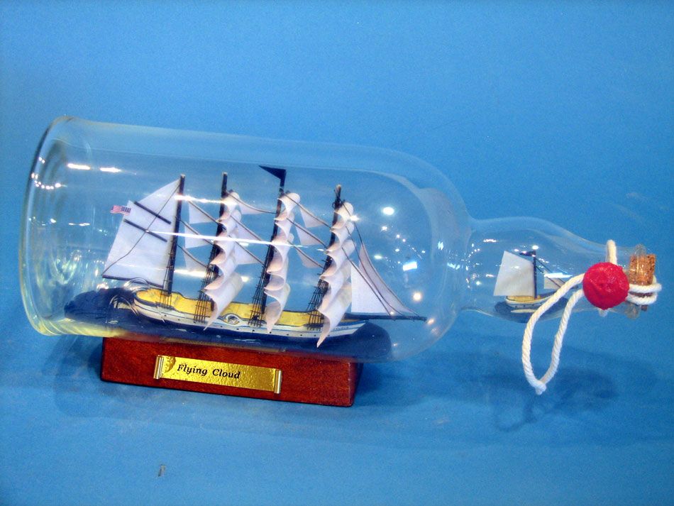 Blue Flying Cloud Ship in a Glass Bottle 11"