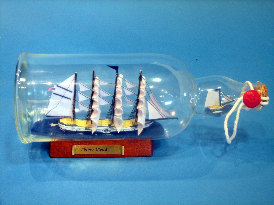Blue Flying Cloud Ship in a Glass Bottle 11"