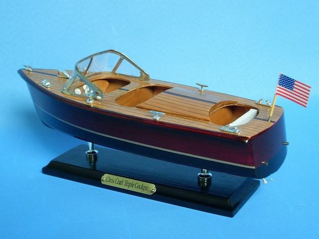 Wooden Chris Craft Triple Cockpit Model Speedboat 14''