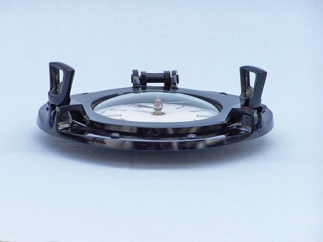 Brass Deluxe Class Porthole Clock 8"" - Dark Blue