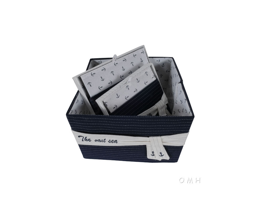 Anne Home - Set of 5 Blue Fabric Basket With Bow Decoration