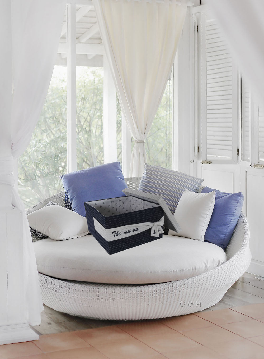 Anne Home - Set of 5 Blue Fabric Basket With Bow Decoration