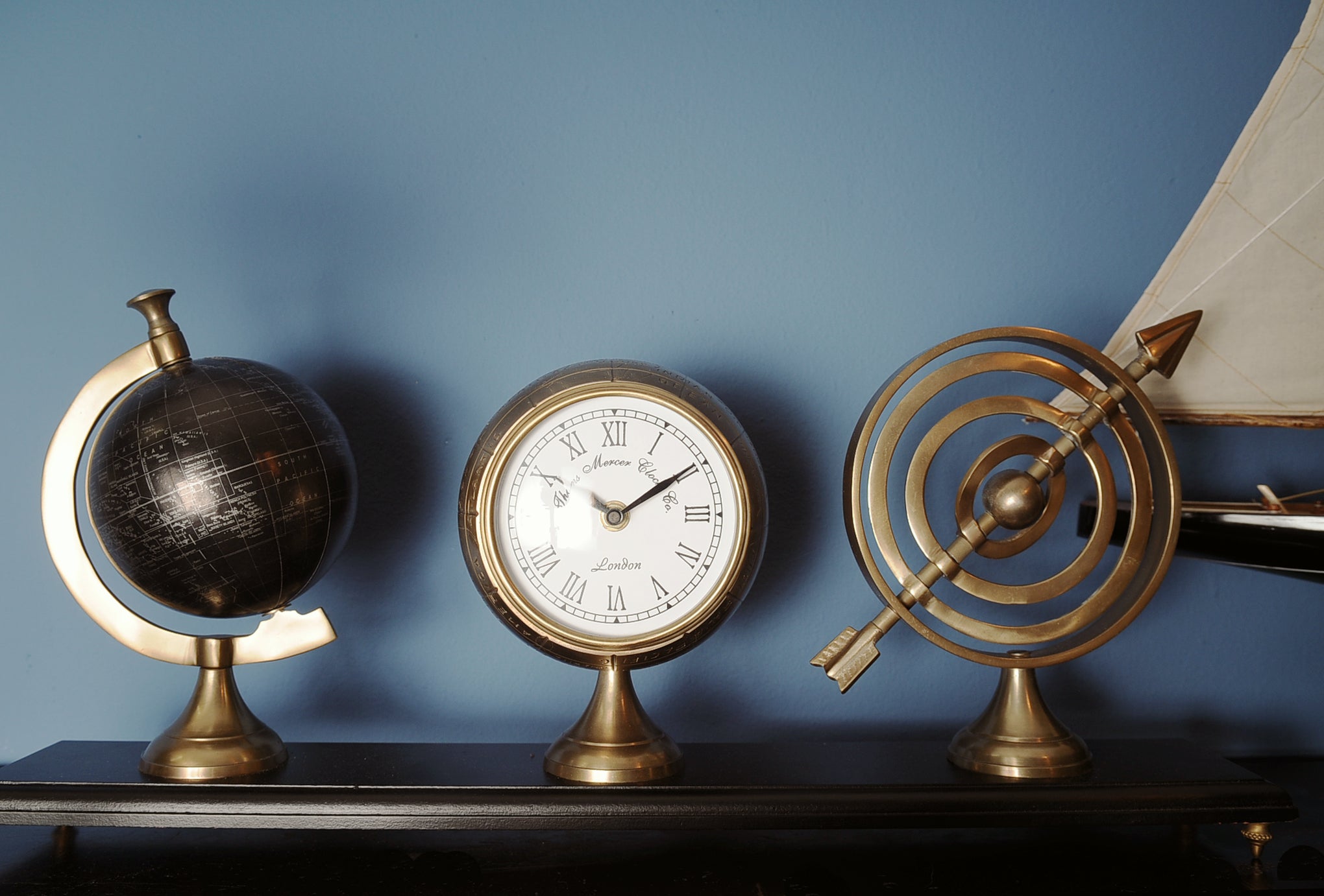 Armillery/Clock & Globe On Wood Base