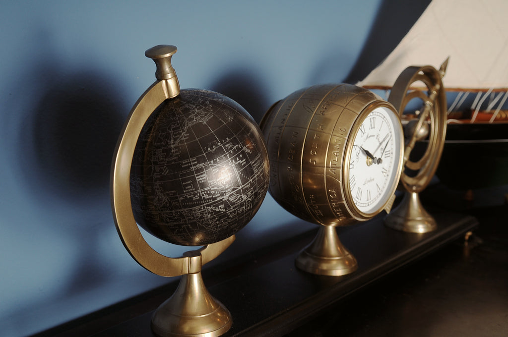 Armillery/Clock & Globe On Wood Base