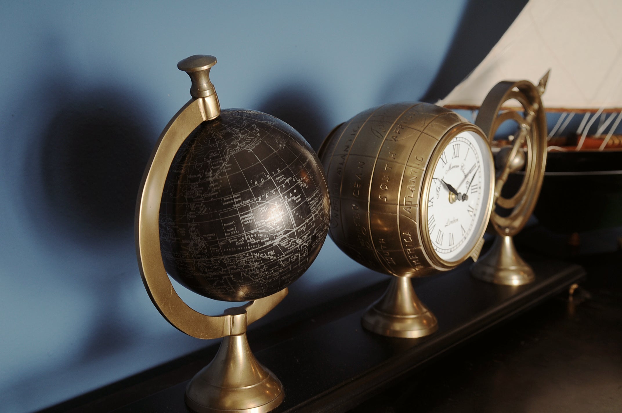 Armillery/Clock & Globe On Wood Base