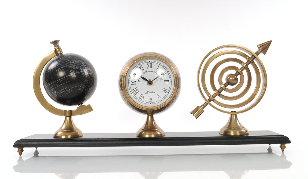 Armillery/Clock & Globe On Wood Base