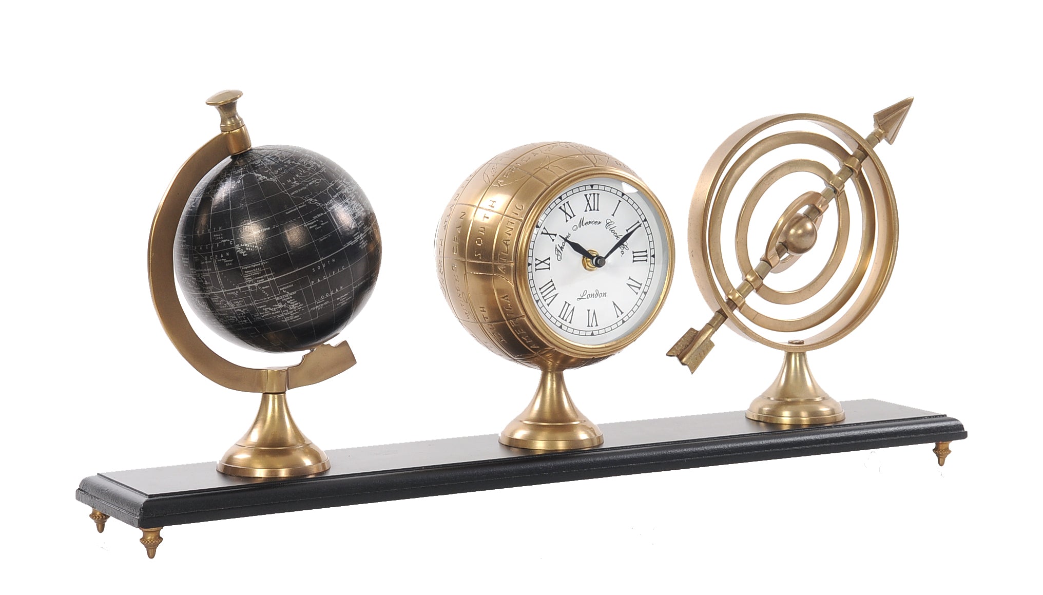 Armillery/Clock & Globe On Wood Base