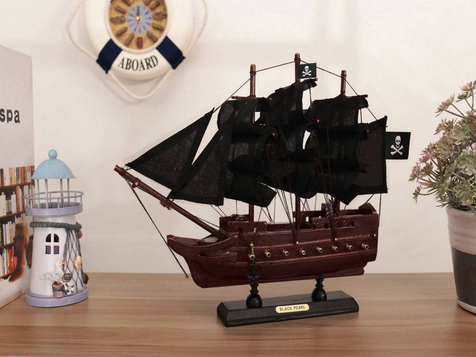 Wooden Black Pearl with Black Sails Model Pirate Ship 12""