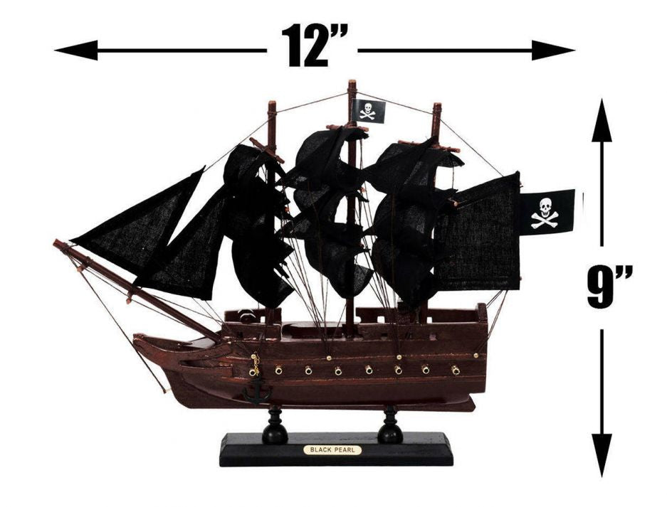 Wooden Black Pearl with Black Sails Model Pirate Ship 12""
