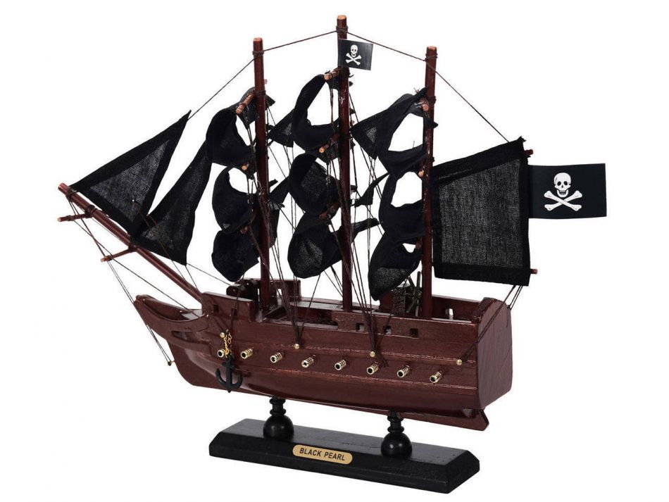Wooden Black Pearl with Black Sails Model Pirate Ship 12""
