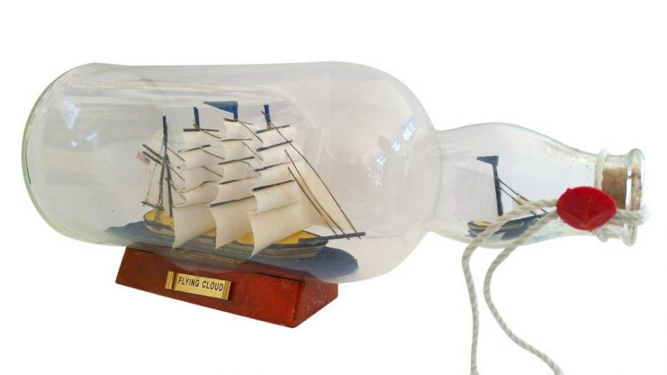 Blue Flying Cloud Ship in a Glass Bottle 11"