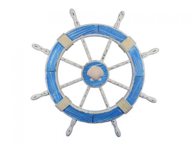Wooden Rustic Light Blue and White Decorative Ship Wheel With Seashell 30