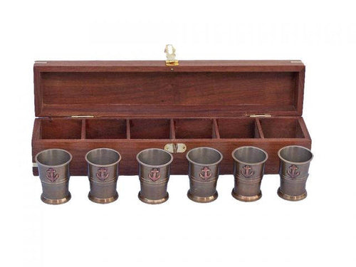 Antique Brass Anchor Shot Glasses With Rosewood Box 12