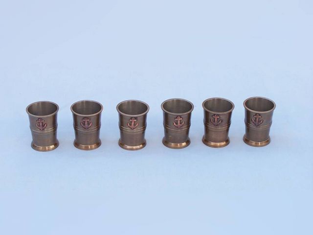 Antique Brass Anchor Shot Glasses With Rosewood Box 12"" - Set of 6