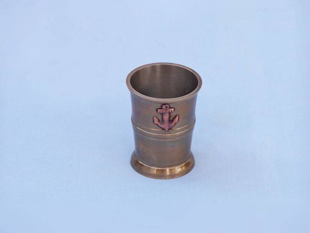 Antique Brass Anchor Shot Glasses With Rosewood Box 12"" - Set of 6