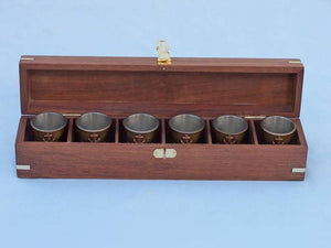 Antique Brass Anchor Shot Glasses With Rosewood Box 12"" - Set of 6