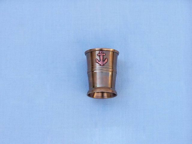 Antique Brass Anchor Shot Glasses With Rosewood Box 12"" - Set of 6