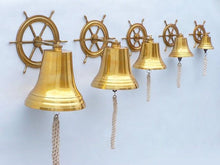Load image into Gallery viewer, Brass Plated Hanging Ship Wheel Bell 10&quot;