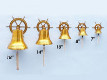 Load image into Gallery viewer, Brass Plated Hanging Ship Wheel Bell 8&quot;