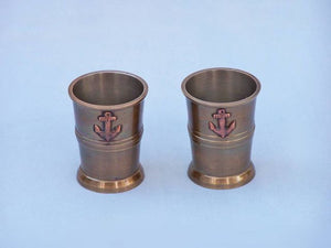 Antique Brass Anchor Shot Glasses With Rosewood Box 4"" - Set of 2