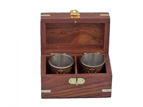 Antique Brass Anchor Shot Glasses With Rosewood Box 4