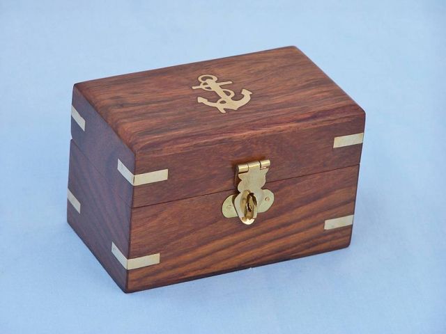 Antique Brass Anchor Shot Glasses With Rosewood Box 4"" - Set of 2