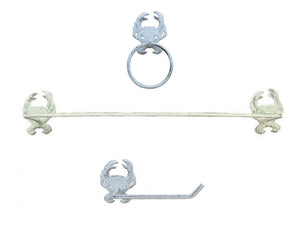 Whitewashed Cast Iron Crab Bathroom Set of 3 - Large Bath Towel Holder and Towel Ring and Toilet Paper Holder