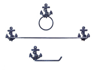 Rustic Dark Blue Cast Iron Starfish Bathroom Set of 3 - Large Bath Towel Holder and Towel Ring and Toilet Paper Holder