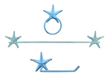 Load image into Gallery viewer, Rustic Light Blue Cast Iron Starfish Bathroom Set of 3 - Large Bath Towel Holder and Towel Ring and Toilet Paper Holder
