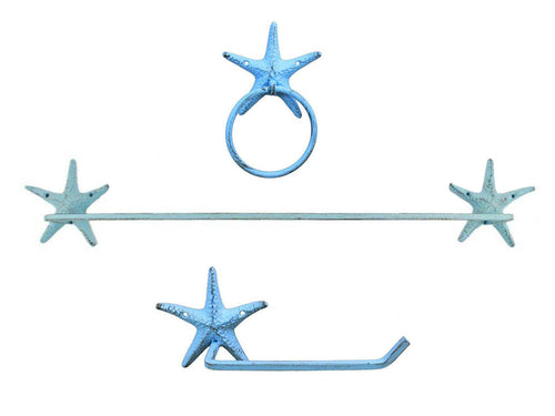 Rustic Light Blue Cast Iron Starfish Bathroom Set of 3 - Large Bath Towel Holder and Towel Ring and Toilet Paper Holder