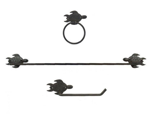 Cast Iron Sea Turtle Bathroom Set of 3 - Large Bath Towel Holder and Towel Ring and Toilet Paper Holder