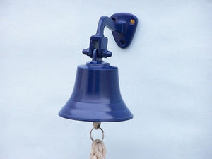 Solid Brass Hanging Ship's Bell 6"" - Blue Powder Coated